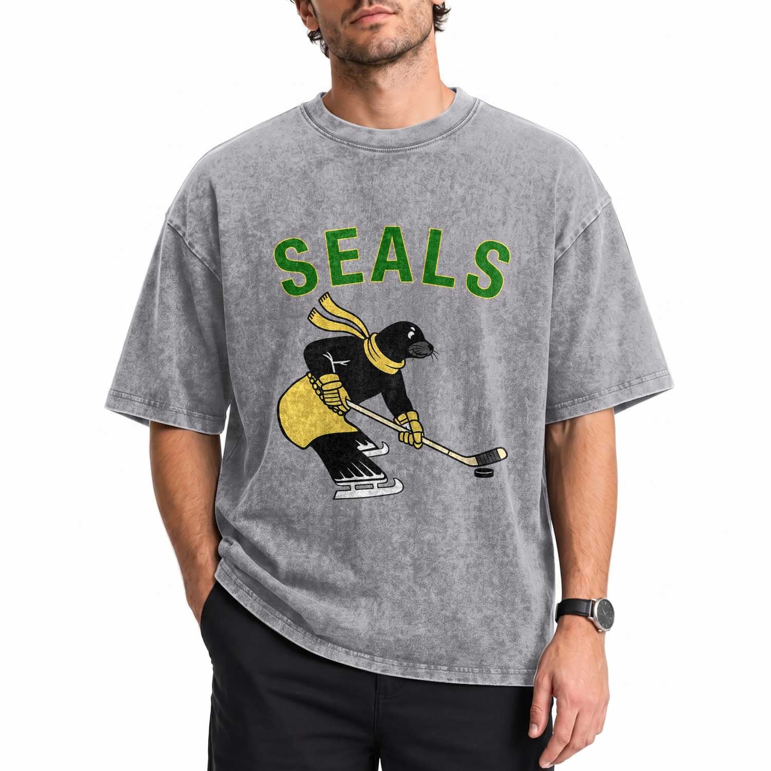 Funny Seal Ice Hockey Player Washed Cotton T-Shirt Winter Sports Gift