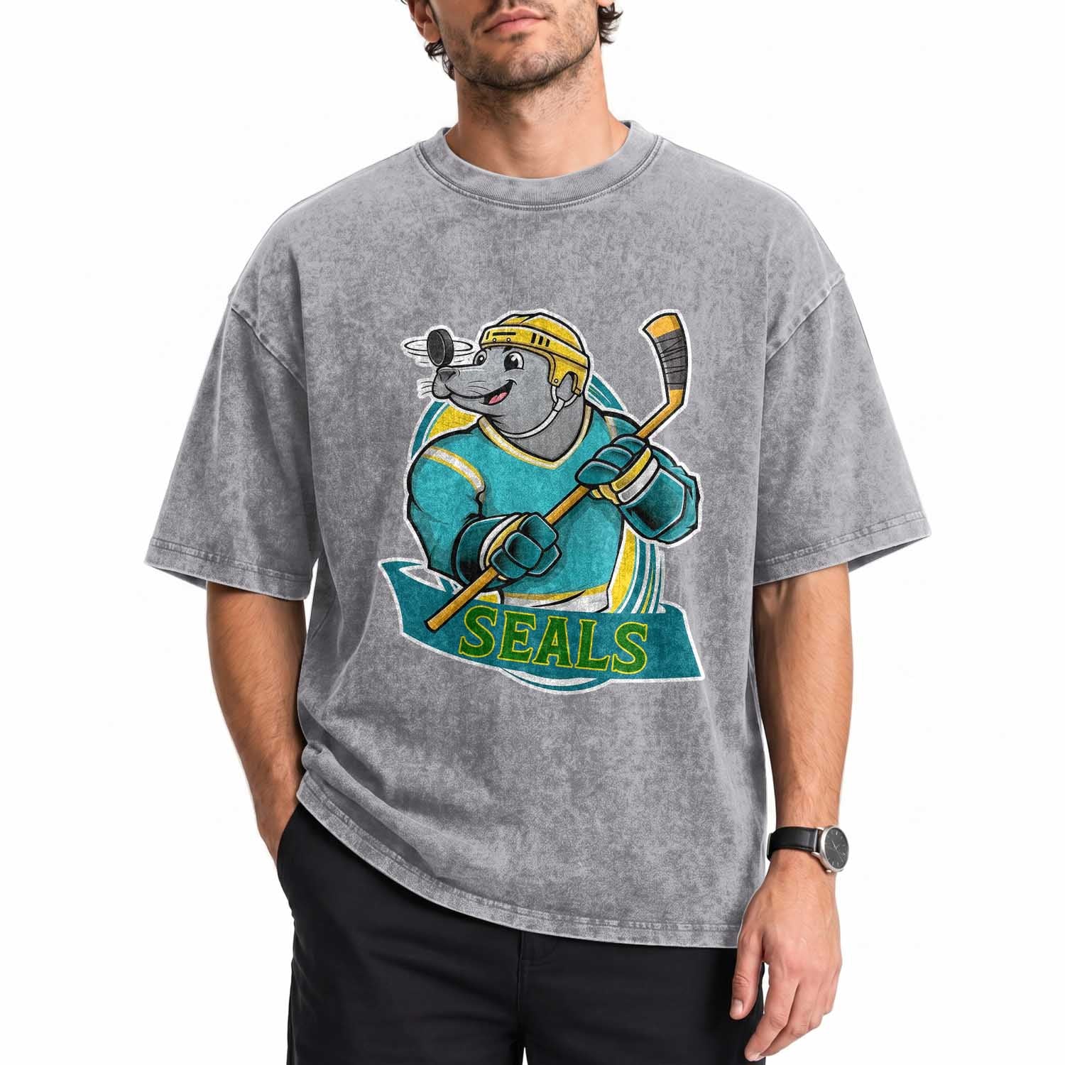 Cute Seal Playing Ice Hockey Washed Cotton T-Shirt Funny Winter Sports Gift