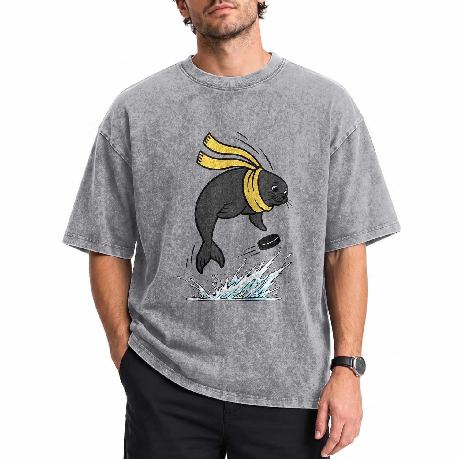 Funny Seal Playing Ice Hockey Washed Cotton T-Shirt Winter Sports Gift