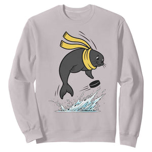 Funny Seal Playing Ice Hockey Sweatshirt Winter Sports Gift TS12 Ice Gray Print Your Wear
