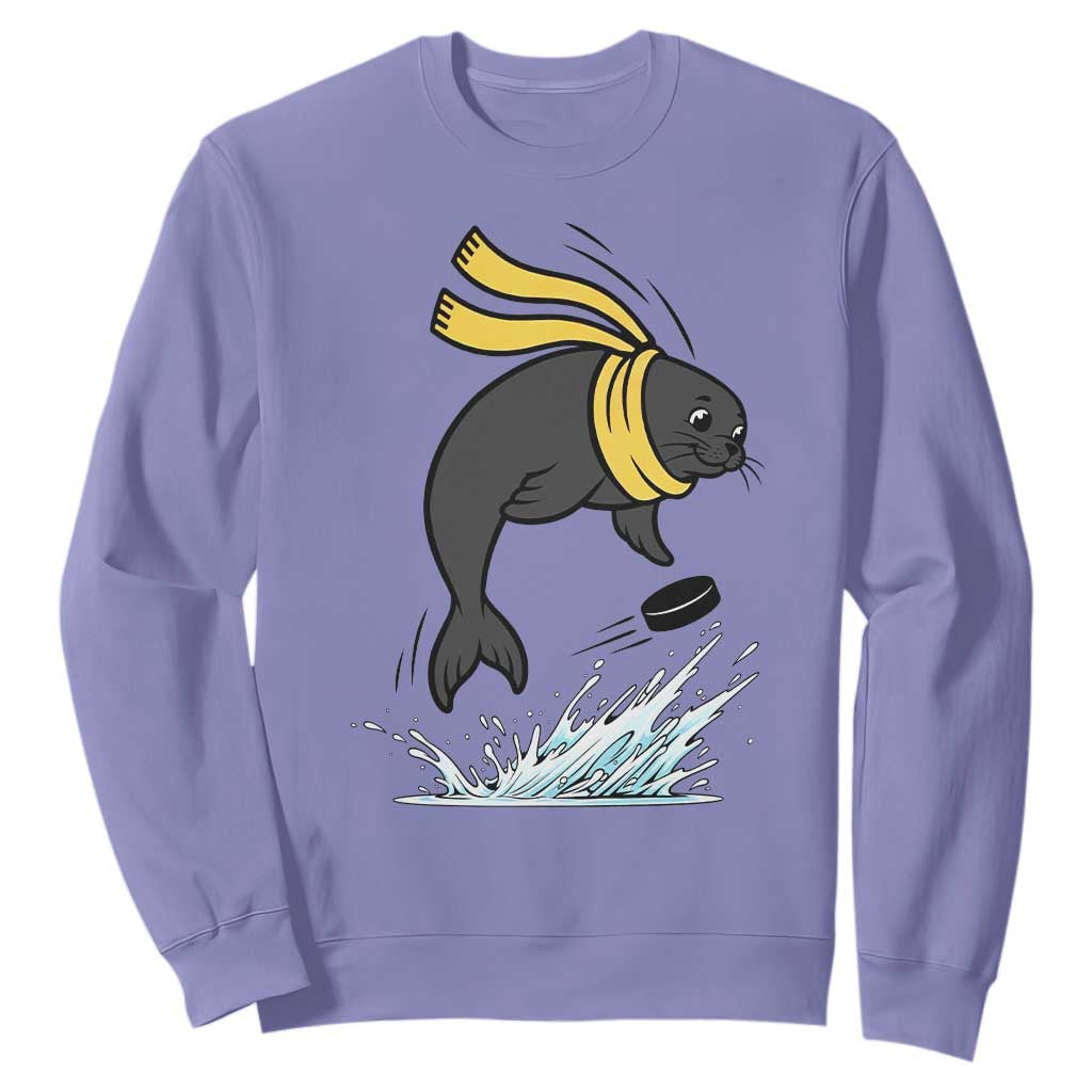 Funny Seal Playing Ice Hockey Sweatshirt Winter Sports Gift TS12 Violet Print Your Wear