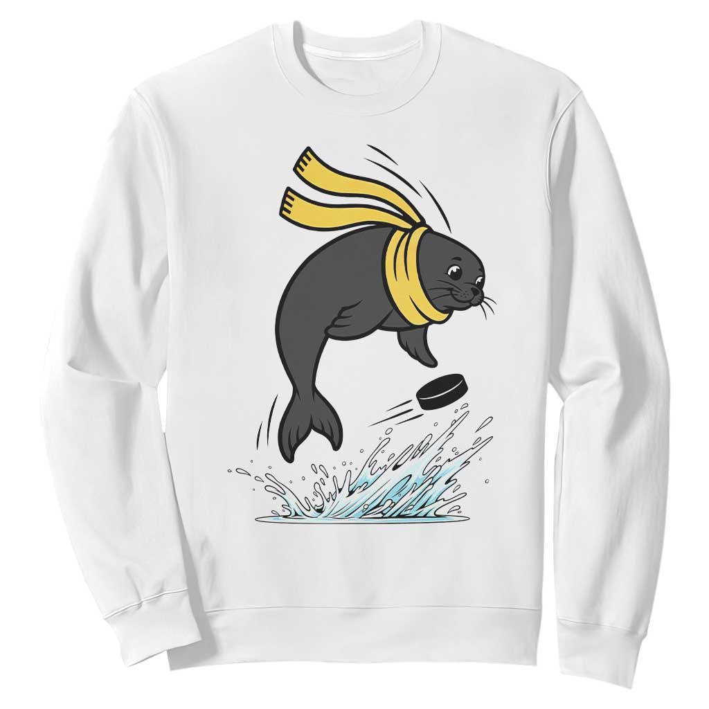 Funny Seal Playing Ice Hockey Sweatshirt Winter Sports Gift TS12 White Print Your Wear