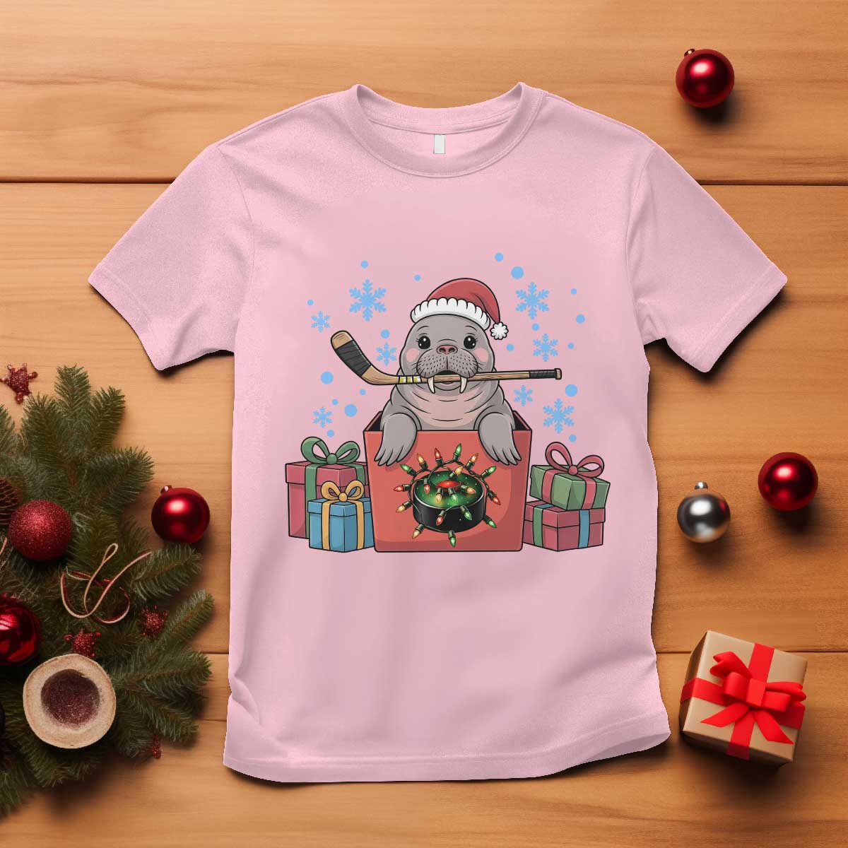Santa Seal Playing Ice Hockey T Shirt Funny Christmas Gift TS12 Light Pink Print Your Wear