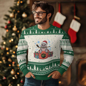 Santa Seal Playing Ice Hockey Ugly Christmas Sweater Funny Xmas Gift TS12 Beige Green Print Your Wear