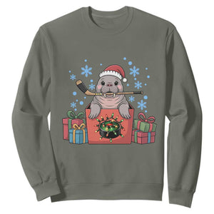 Santa Seal Playing Ice Hockey Sweatshirt Funny Christmas Gift TS12 Military Green Print Your Wear