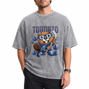 Toronto Ice Hockey Beaver Washed Cotton T-Shirt Canadian Pride Gift
