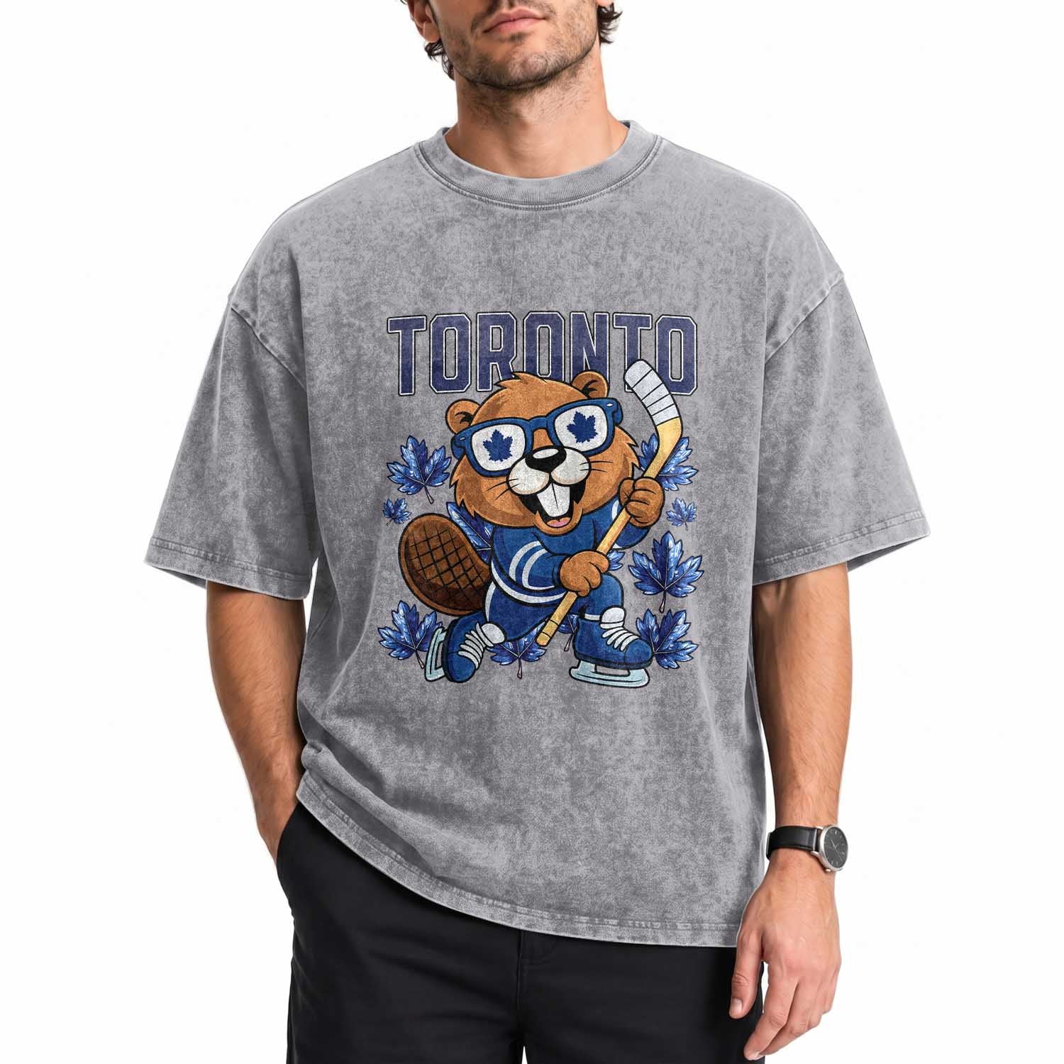 Toronto Ice Hockey Beaver Washed Cotton T-Shirt Canadian Pride Gift