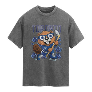 Toronto Ice Hockey Beaver Washed Cotton T-Shirt Canadian Pride Gift