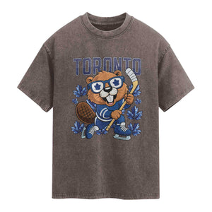 Toronto Ice Hockey Beaver Washed Cotton T-Shirt Canadian Pride Gift
