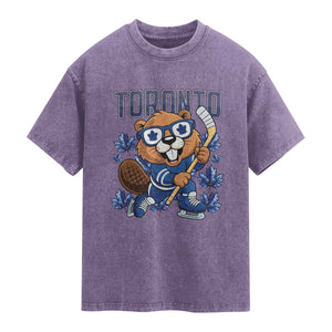 Toronto Ice Hockey Beaver Washed Cotton T-Shirt Canadian Pride Gift