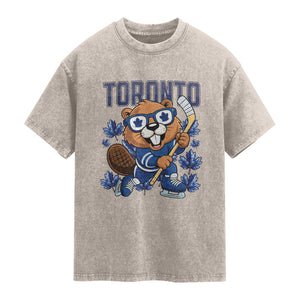 Toronto Ice Hockey Beaver Washed Cotton T-Shirt Canadian Pride Gift