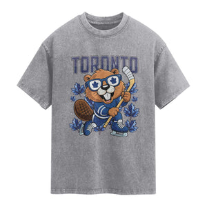 Toronto Ice Hockey Beaver Washed Cotton T-Shirt Canadian Pride Gift