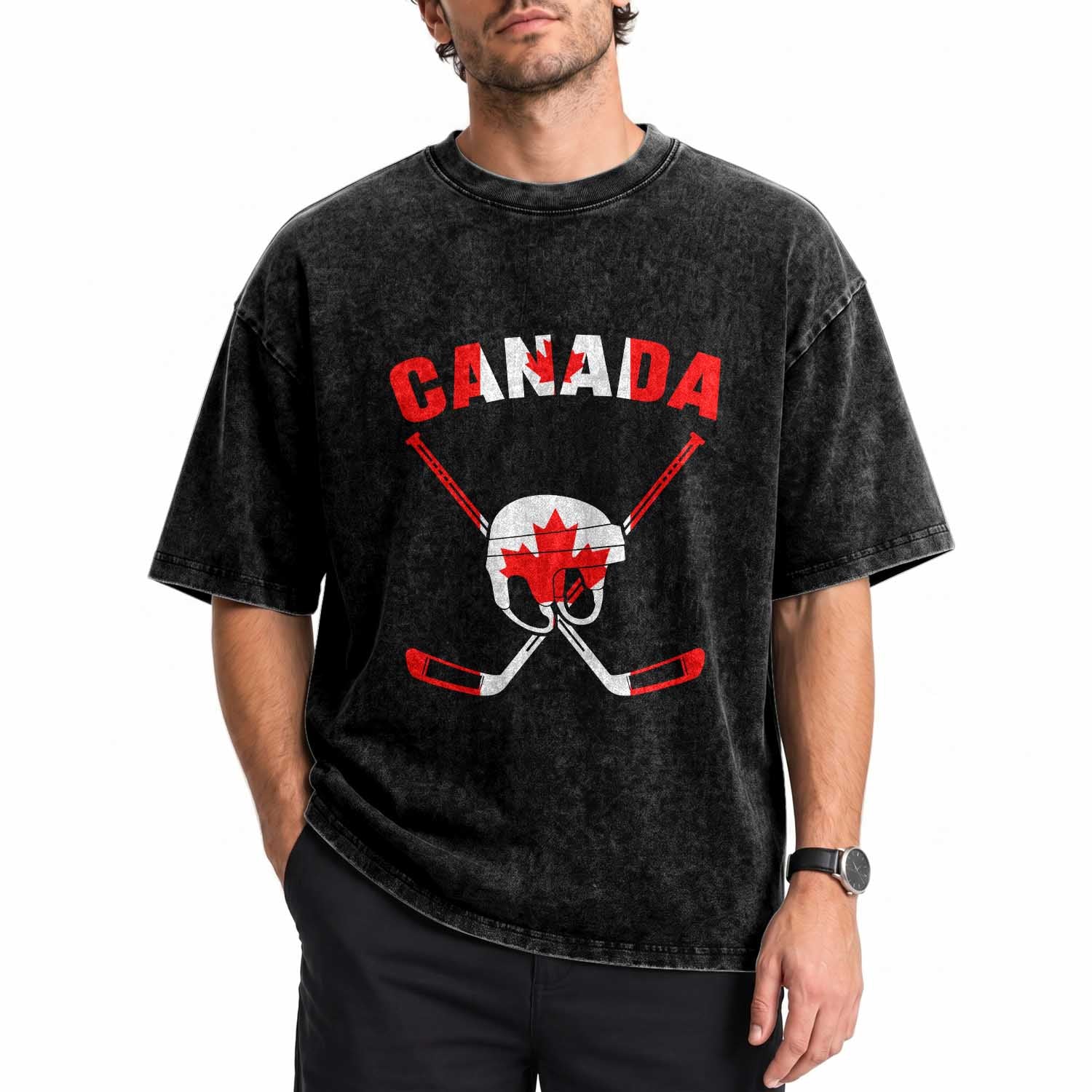 Canada Hockey Fan Ice Hockey Gear Red White Gift Washed Cotton T-Shirt