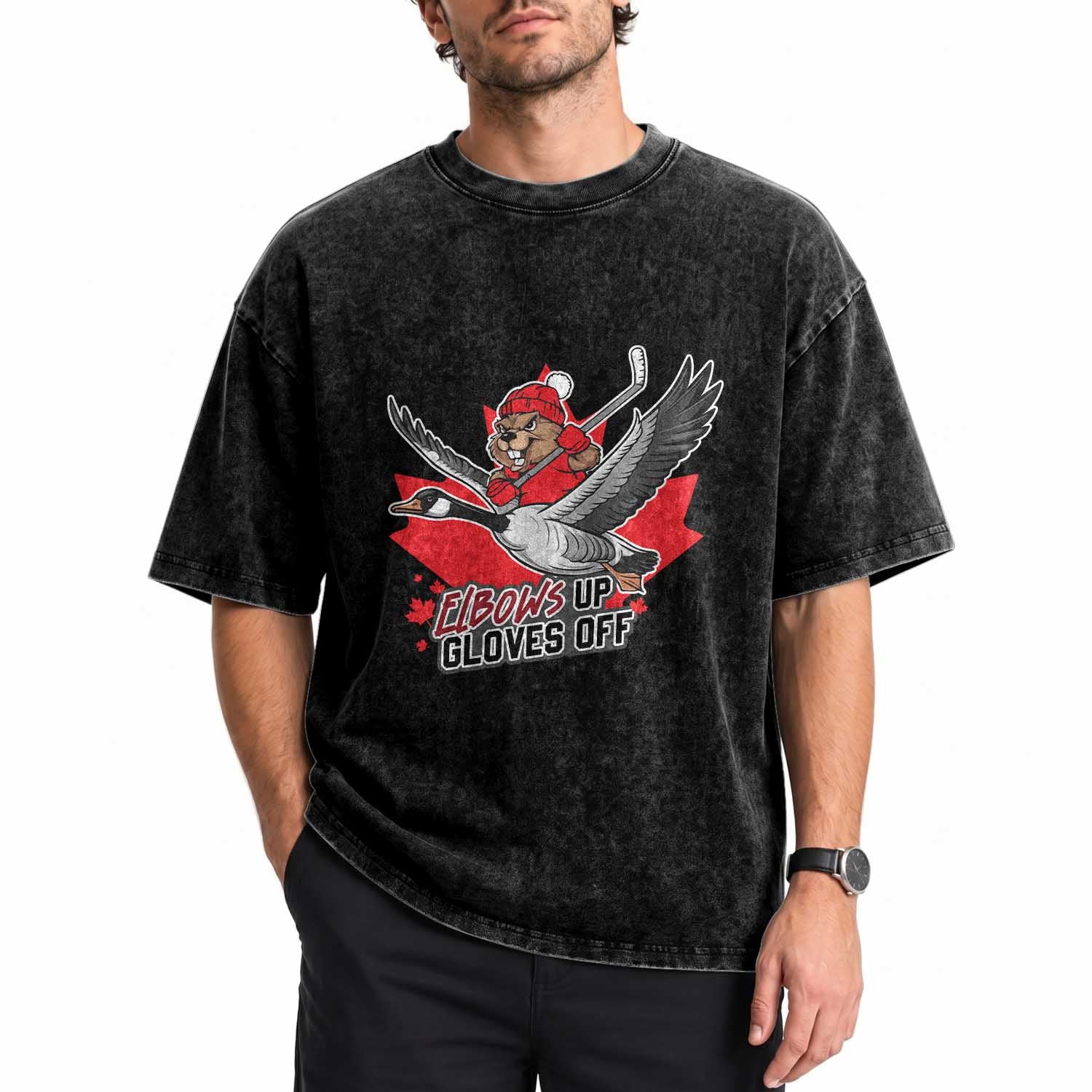 Elbows Up Gloves Off Washed Cotton T-Shirt Canadian Ice Hockey Beaver Gift