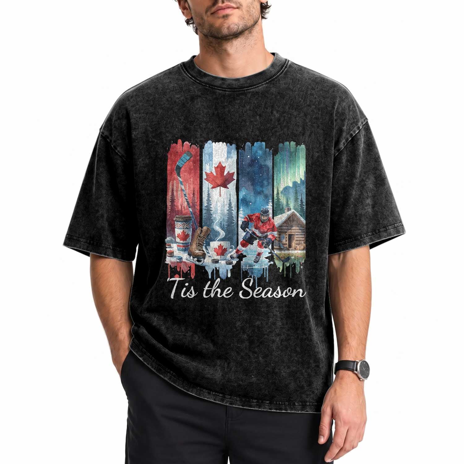 Christmas Canada Ice Hockey Lover Washed Cotton T-Shirt Tis The Season