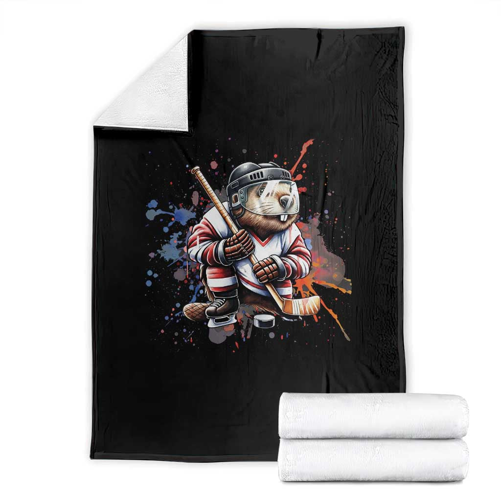 Funny Beaver Playing Ice Hockey Throw Blanket Winter Sports Gift TS12 Black Print Your Wear