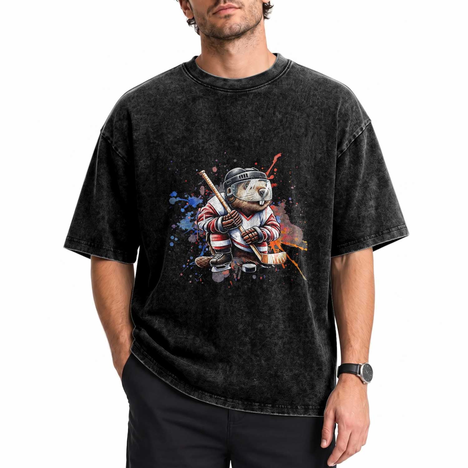 Funny Beaver Playing Ice Hockey Washed Cotton T-Shirt Winter Sports Gift