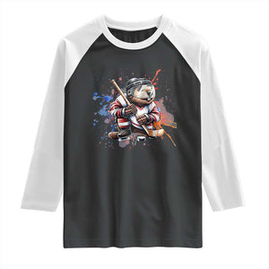 Funny Beaver Playing Ice Hockey Raglan Shirt Winter Sports Gift TS12 Black White Print Your Wear