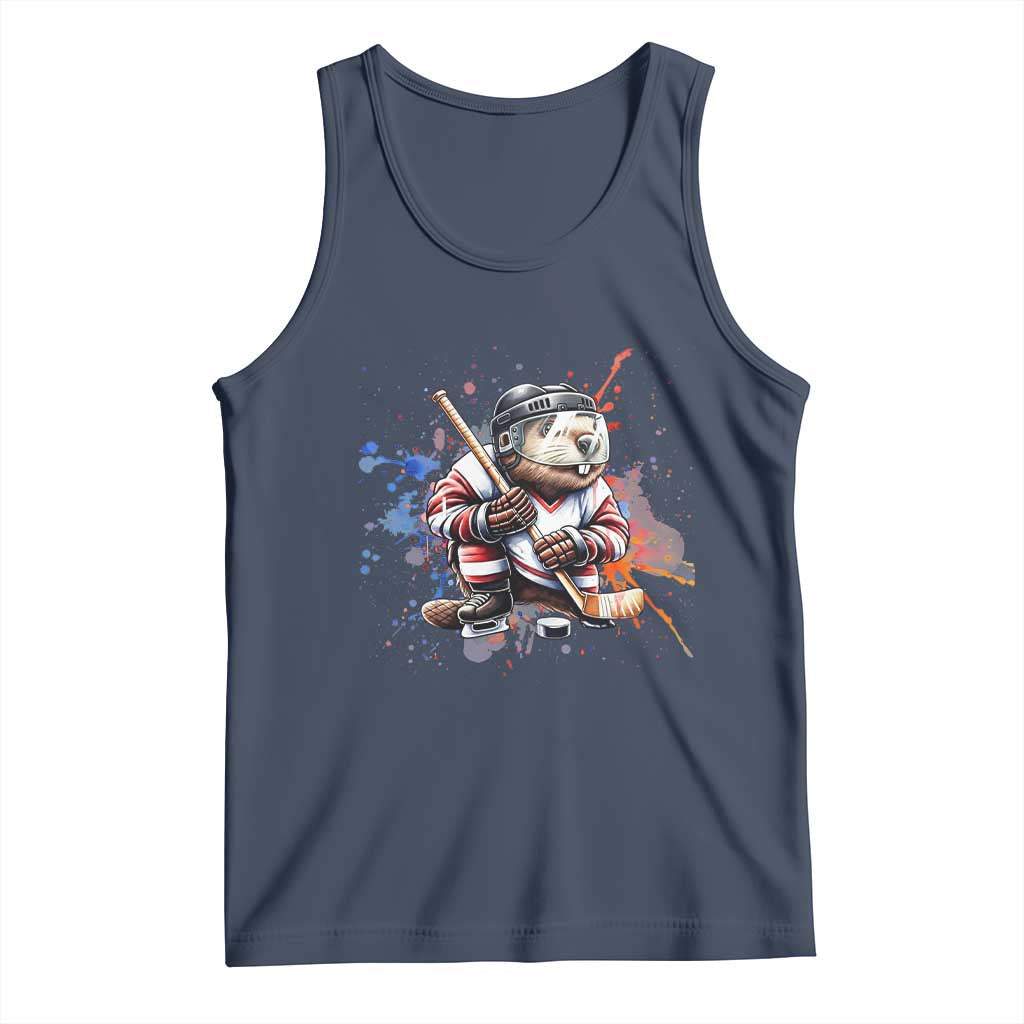 Funny Beaver Playing Ice Hockey Tank Top Winter Sports Gift TS12 Navy Print Your Wear