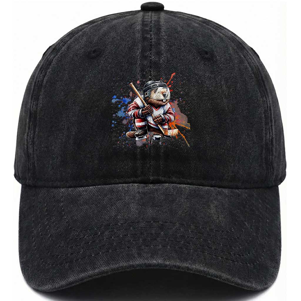 Funny Beaver Playing Ice Hockey Washed Cotton Baseball Cap Winter Sports Gift TS12 Print Your Wear