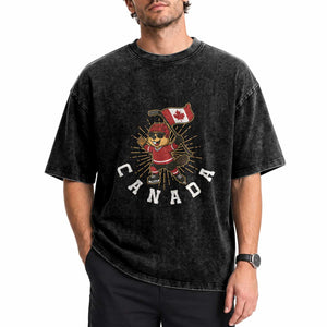 Funny Beaver Playing Ice Hockey With Canada Flag Gift Washed Cotton T-Shirt