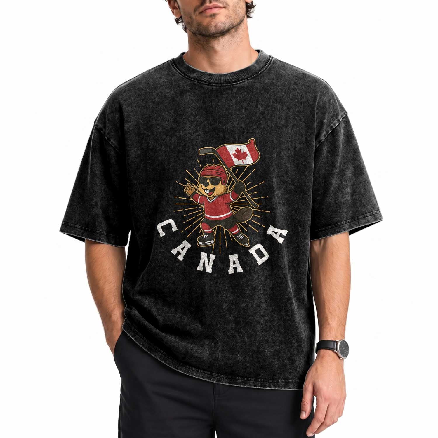 Funny Beaver Playing Ice Hockey With Canada Flag Gift Washed Cotton T-Shirt