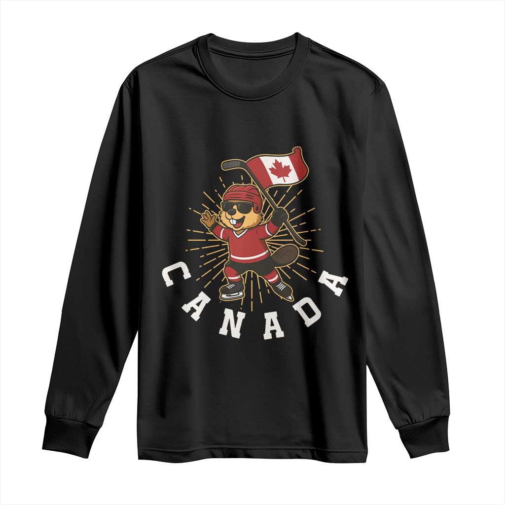 Funny Beaver Playing Ice Hockey With Canada Flag Gift Long Sleeve Shirt TS12 Black Print Your Wear