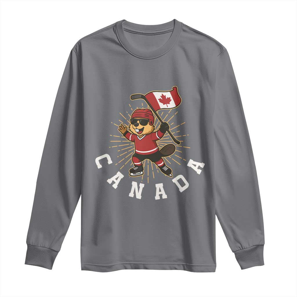 Funny Beaver Playing Ice Hockey With Canada Flag Gift Long Sleeve Shirt TS12 Charcoal Print Your Wear
