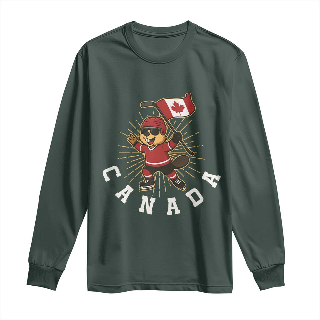 Funny Beaver Playing Ice Hockey With Canada Flag Gift Long Sleeve Shirt TS12 Dark Forest Green Print Your Wear