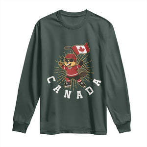 Funny Beaver Playing Ice Hockey With Canada Flag Gift Long Sleeve Shirt TS12 Dark Forest Green Print Your Wear