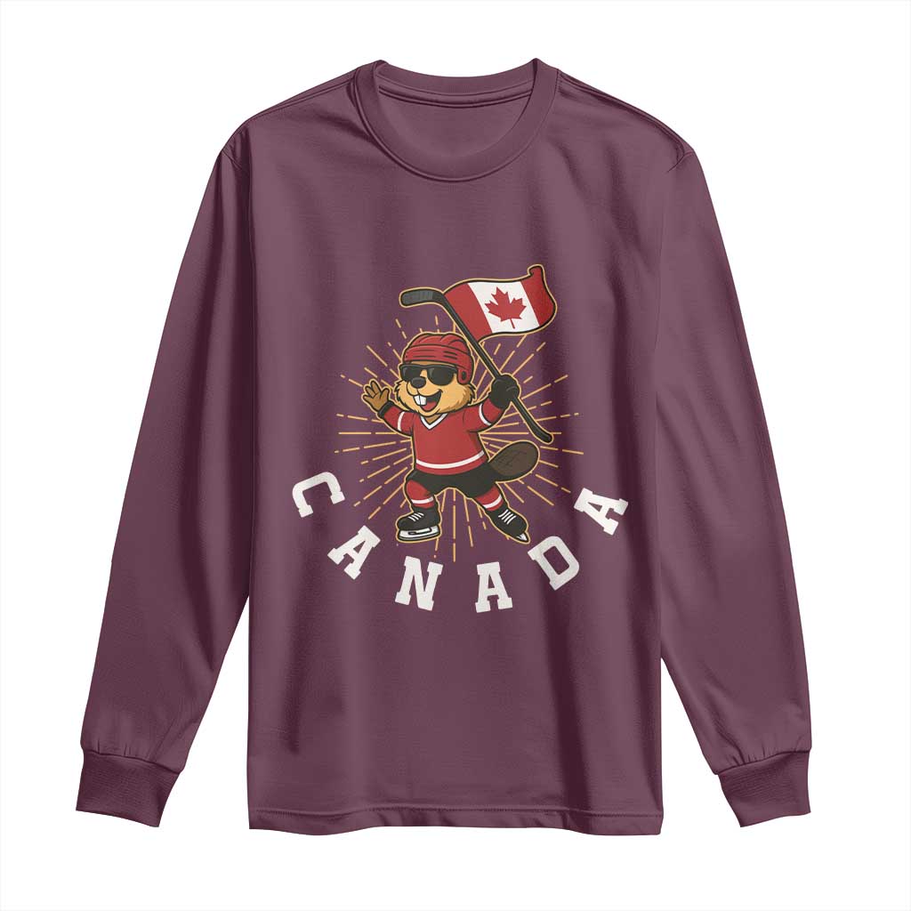 Funny Beaver Playing Ice Hockey With Canada Flag Gift Long Sleeve Shirt TS12 Maroon Print Your Wear