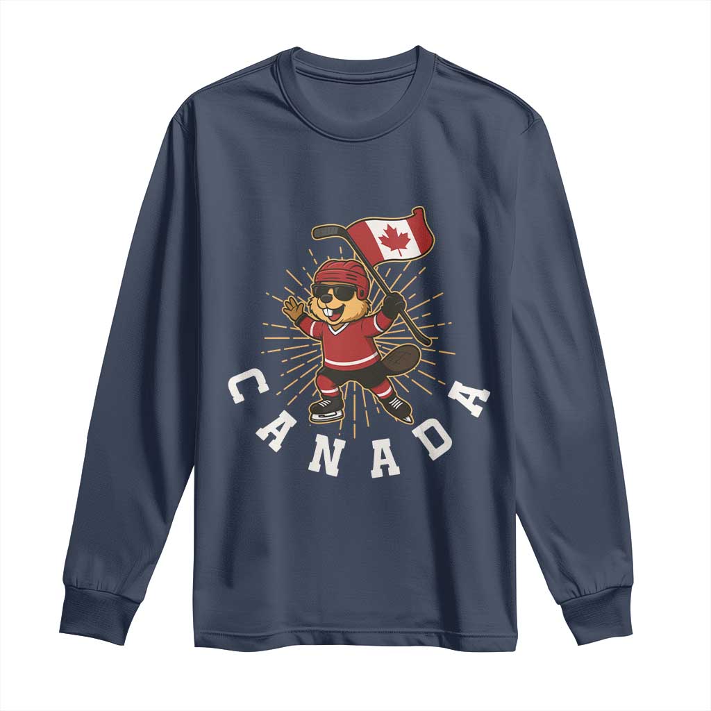 Funny Beaver Playing Ice Hockey With Canada Flag Gift Long Sleeve Shirt TS12 Navy Print Your Wear