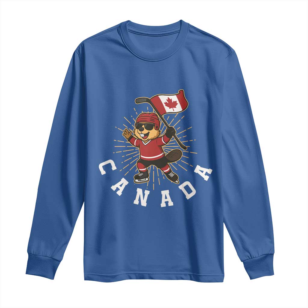 Funny Beaver Playing Ice Hockey With Canada Flag Gift Long Sleeve Shirt TS12 Royal Blue Print Your Wear