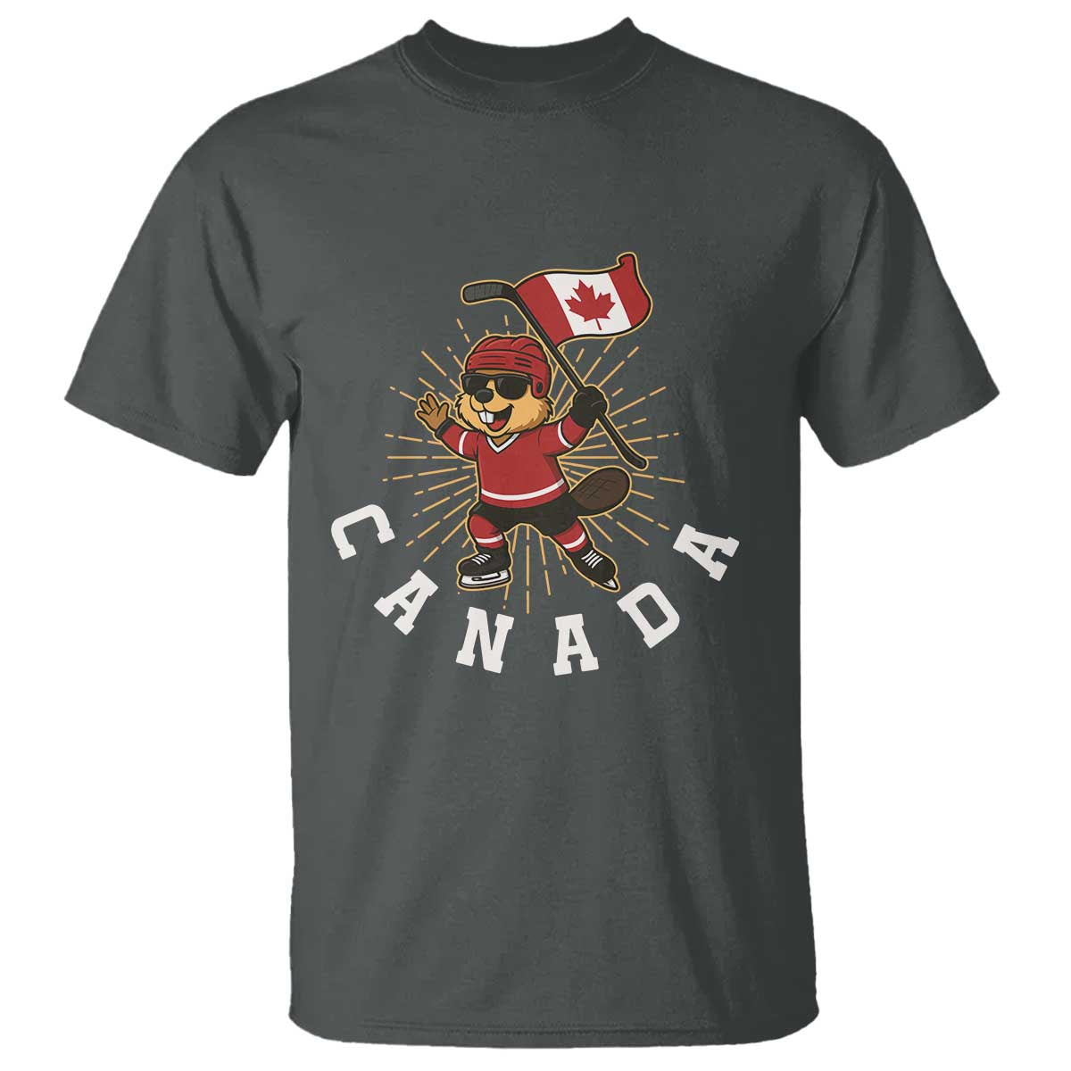 Funny Beaver Playing Ice Hockey With Canada Flag Gift T Shirt TS12 Dark Heather Print Your Wear