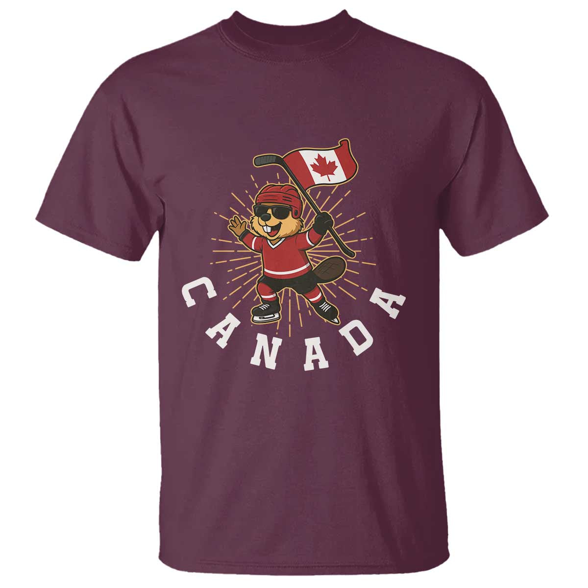 Funny Beaver Playing Ice Hockey With Canada Flag Gift T Shirt TS12 Maroon Print Your Wear