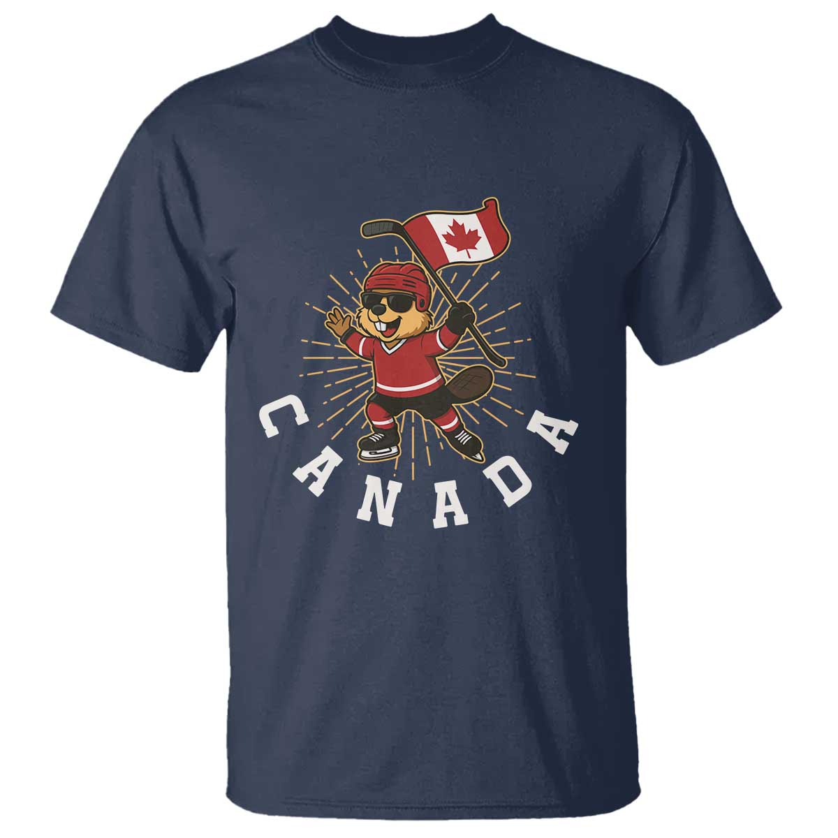 Funny Beaver Playing Ice Hockey With Canada Flag Gift T Shirt TS12 Navy Print Your Wear