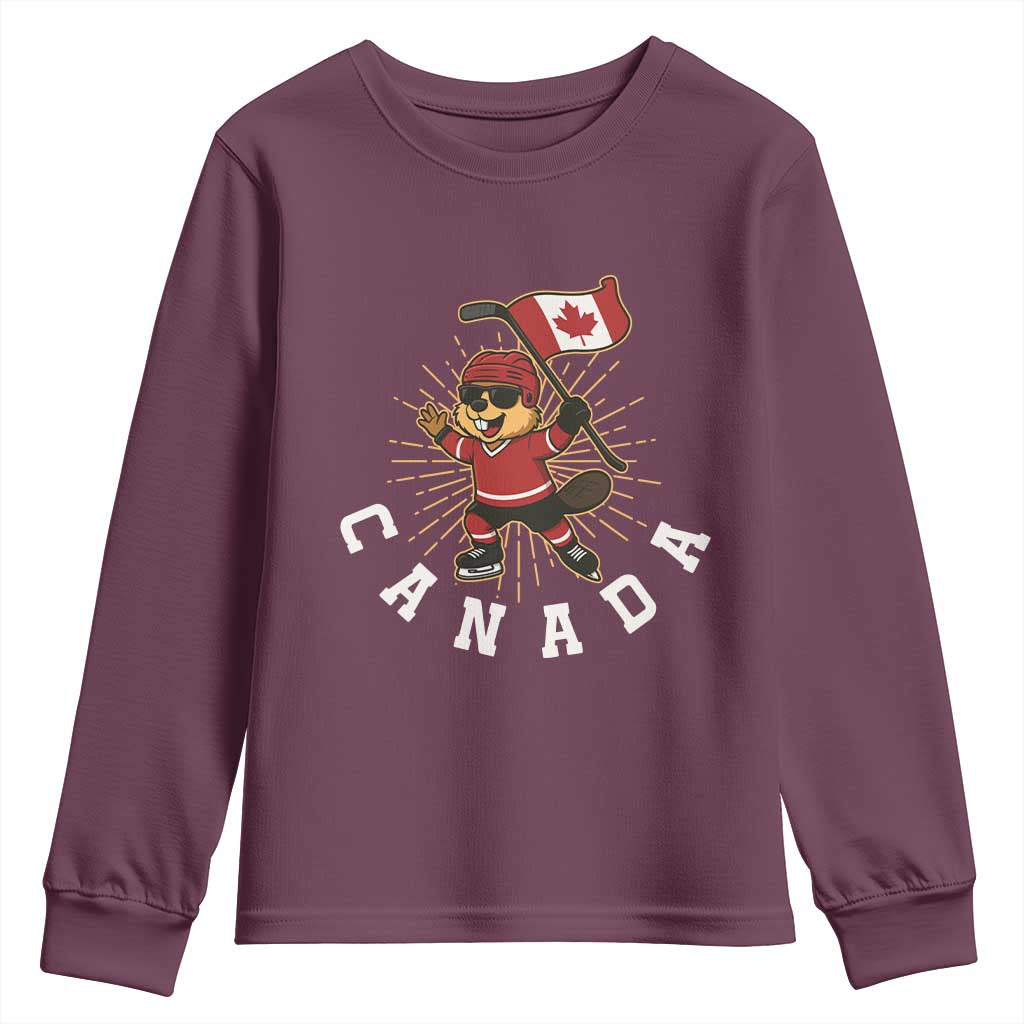 Funny Beaver Playing Ice Hockey With Canada Flag Gift Youth Sweatshirt TS12 Maroon Print Your Wear