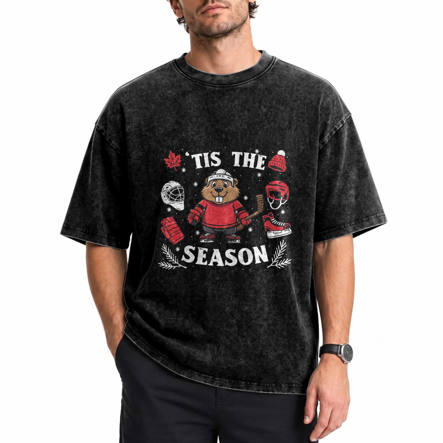 Canadian Ice Hockey Beaver Washed Cotton T-Shirt Tis The Season Holiday Gift