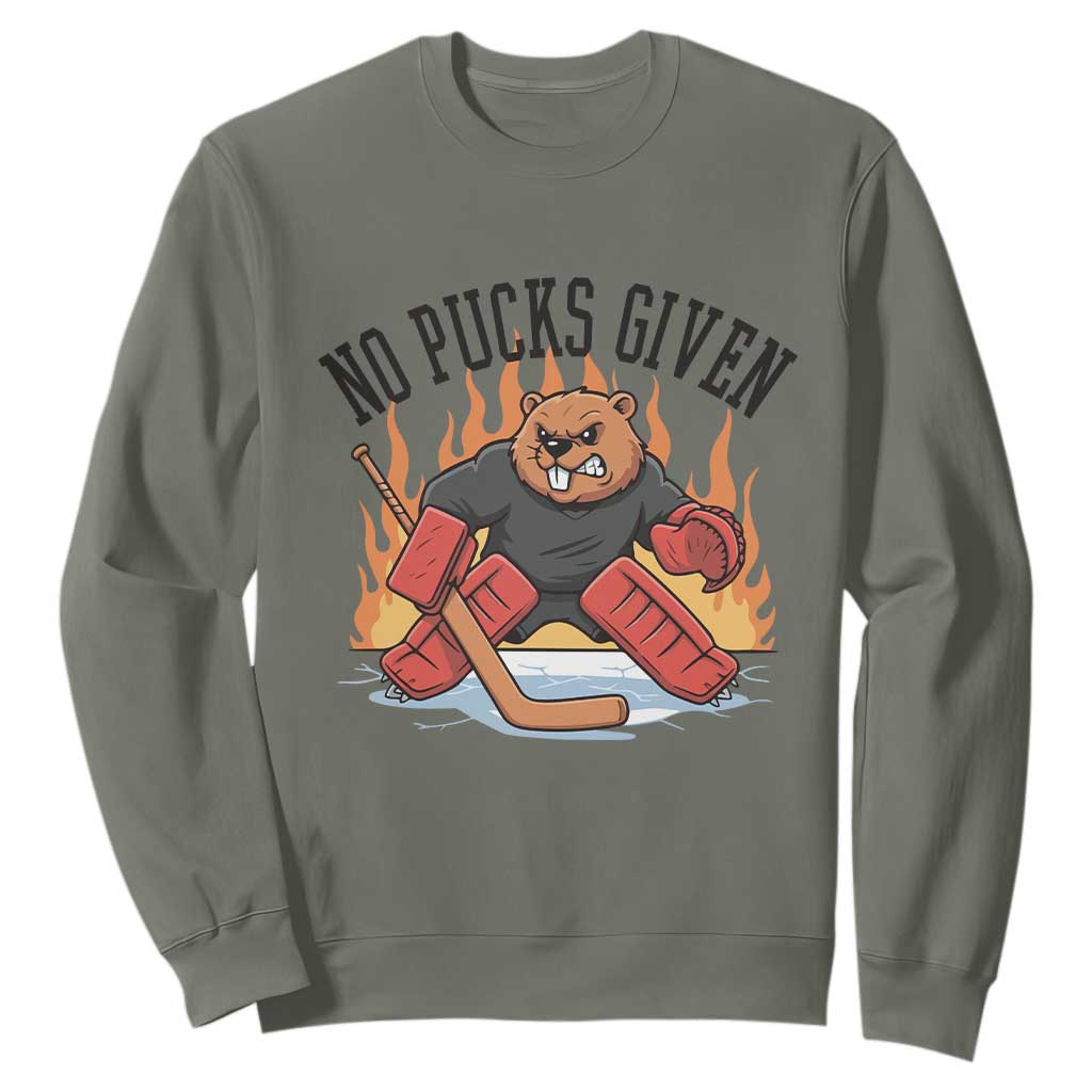 Funny Beaver Ice Hockey Goalie Gift Sweatshirt No Pucks Given TS12 Military Green Print Your Wear