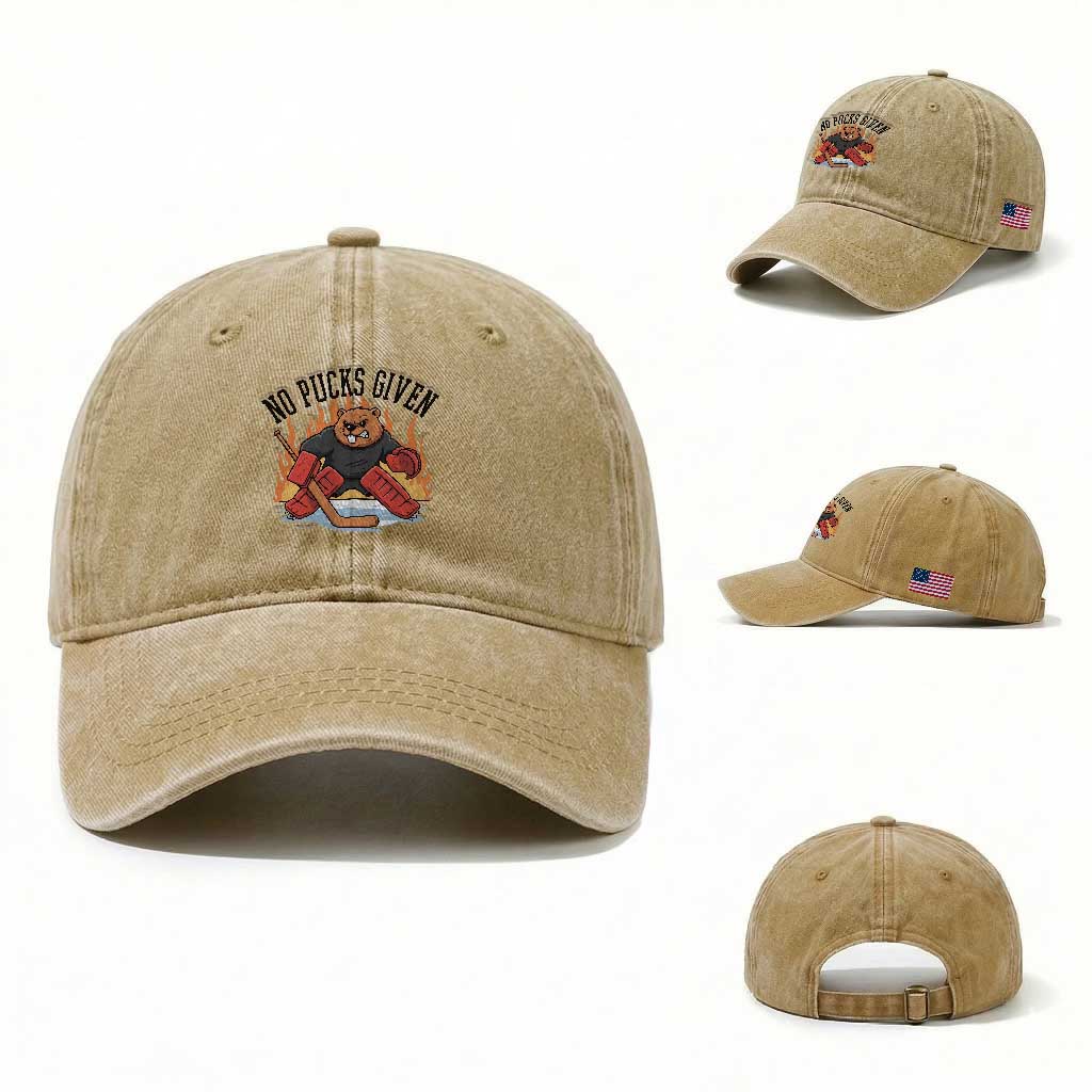 Funny Beaver Ice Hockey Goalie Gift Washed Cotton Baseball Cap No Pucks Given TS12 Washed Cap Universal Fit Khaki Print Your Wear