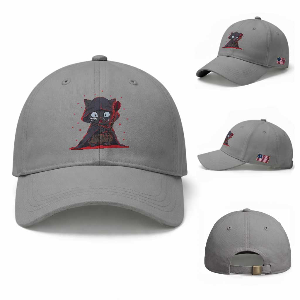 Funny Cat Vader Kitten Playing Darts Baseball Cap Space Scifi Dartist Gift TS12 Baseball Cap Universal Fit Sport Gray Print Your Wear