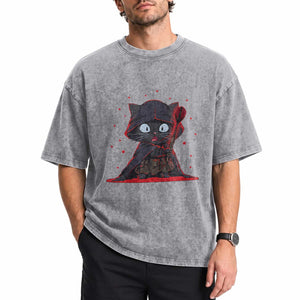 Funny Cat Vader Kitten Playing Darts Washed Cotton T-Shirt Space Scifi Dartist Gift