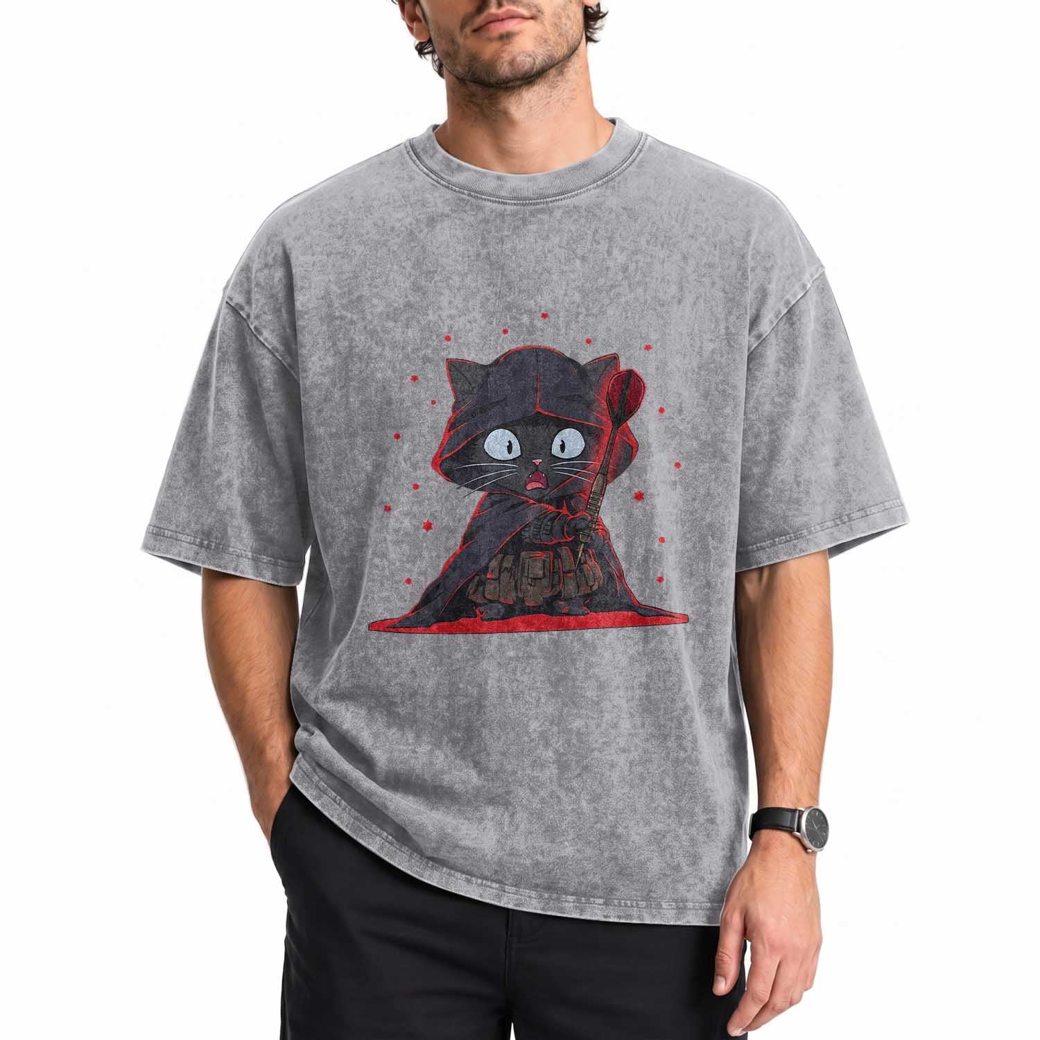 Funny Cat Vader Kitten Playing Darts Washed Cotton T-Shirt Space Scifi Dartist Gift