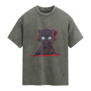 Funny Cat Vader Kitten Playing Darts Washed Cotton T-Shirt Space Scifi Dartist Gift