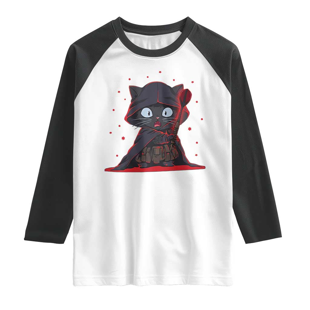 Funny Cat Vader Kitten Playing Darts Raglan Shirt Space Scifi Dartist Gift TS12 White Black Print Your Wear