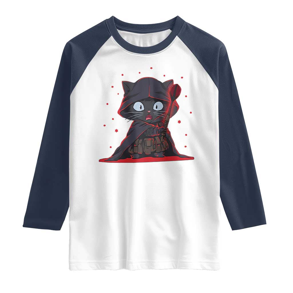 Funny Cat Vader Kitten Playing Darts Raglan Shirt Space Scifi Dartist Gift TS12 White Navy Print Your Wear