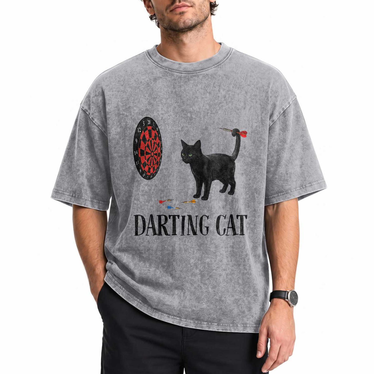 Funny Black Cat Darts Player Washed Cotton T-Shirt Darting Cat Dartist Gift