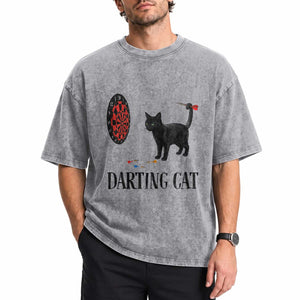 Funny Black Cat Darts Player Washed Cotton T-Shirt Darting Cat Dartist Gift