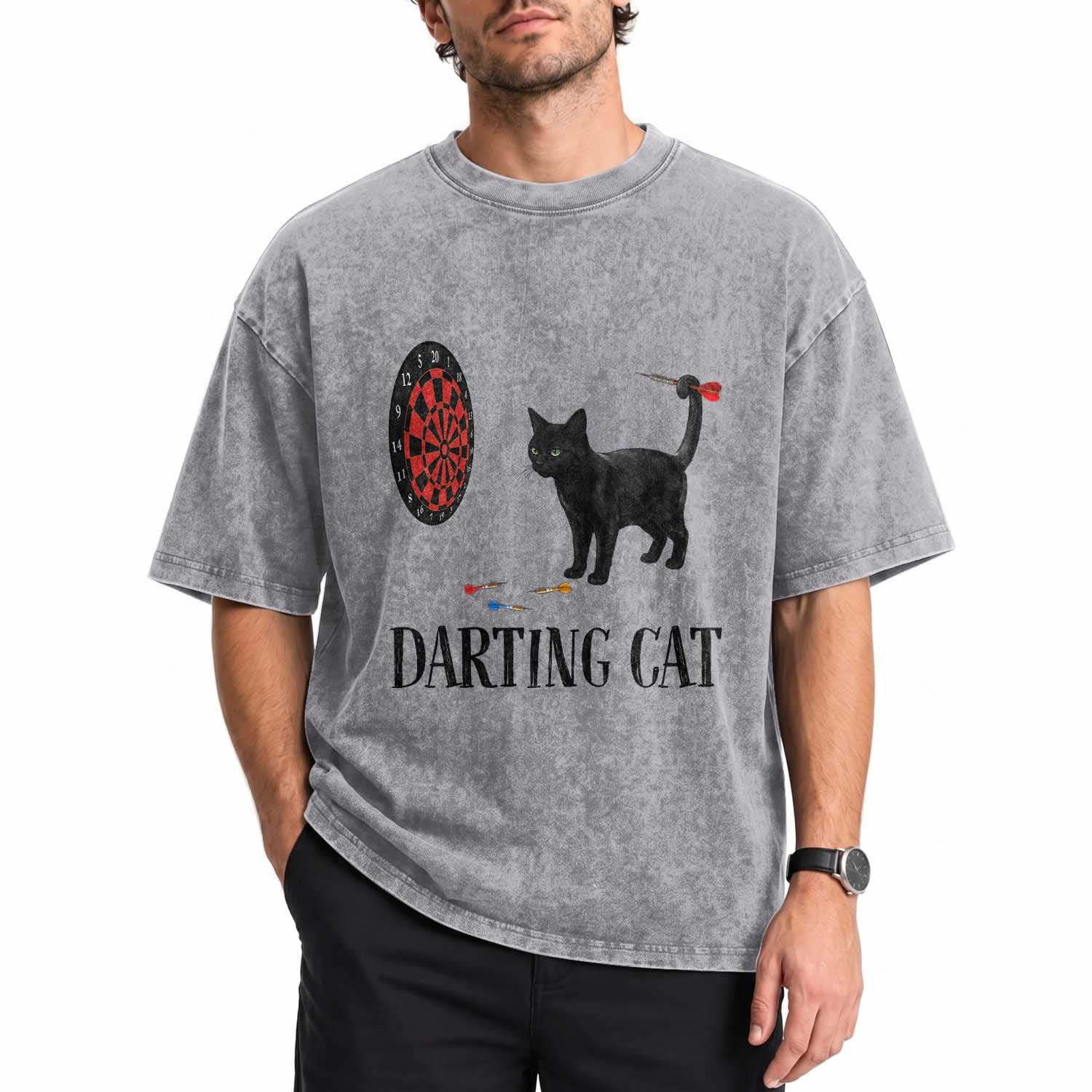 Funny Black Cat Darts Player Washed Cotton T-Shirt Darting Cat Dartist Gift