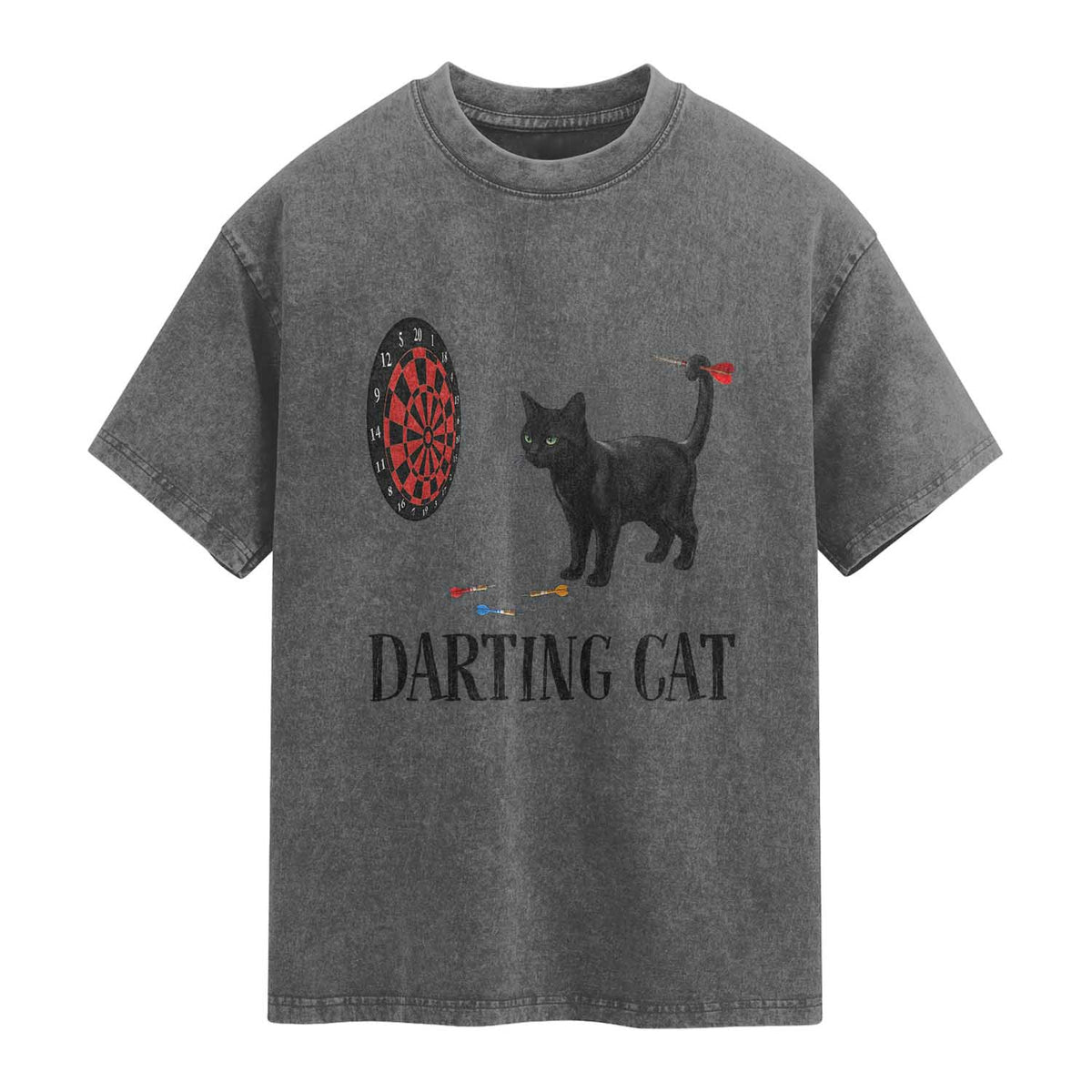 Funny Black Cat Darts Player Washed Cotton T-Shirt Darting Cat Dartist Gift